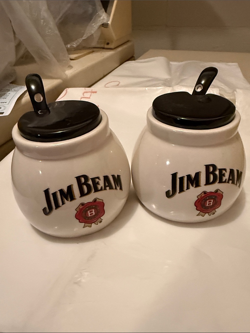 2012 Jim Beam White Ceramic Honey Jars with Black Lids - Set of 2